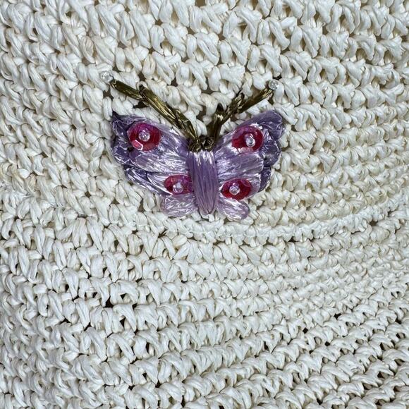 Vtg Y2K 90s Women’s Bucket Hat Straw Woven Butterfly Embellishment Cottage - Picture 3 of 6